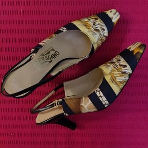 Salvatore Ferragamo Print Nylon Sling Back Heels, Size 8